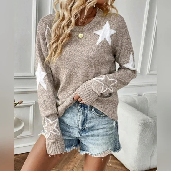 New Chic Star Pattern Knit Pullover Sweater Top Khaki Tan White - Picture 1 of 8